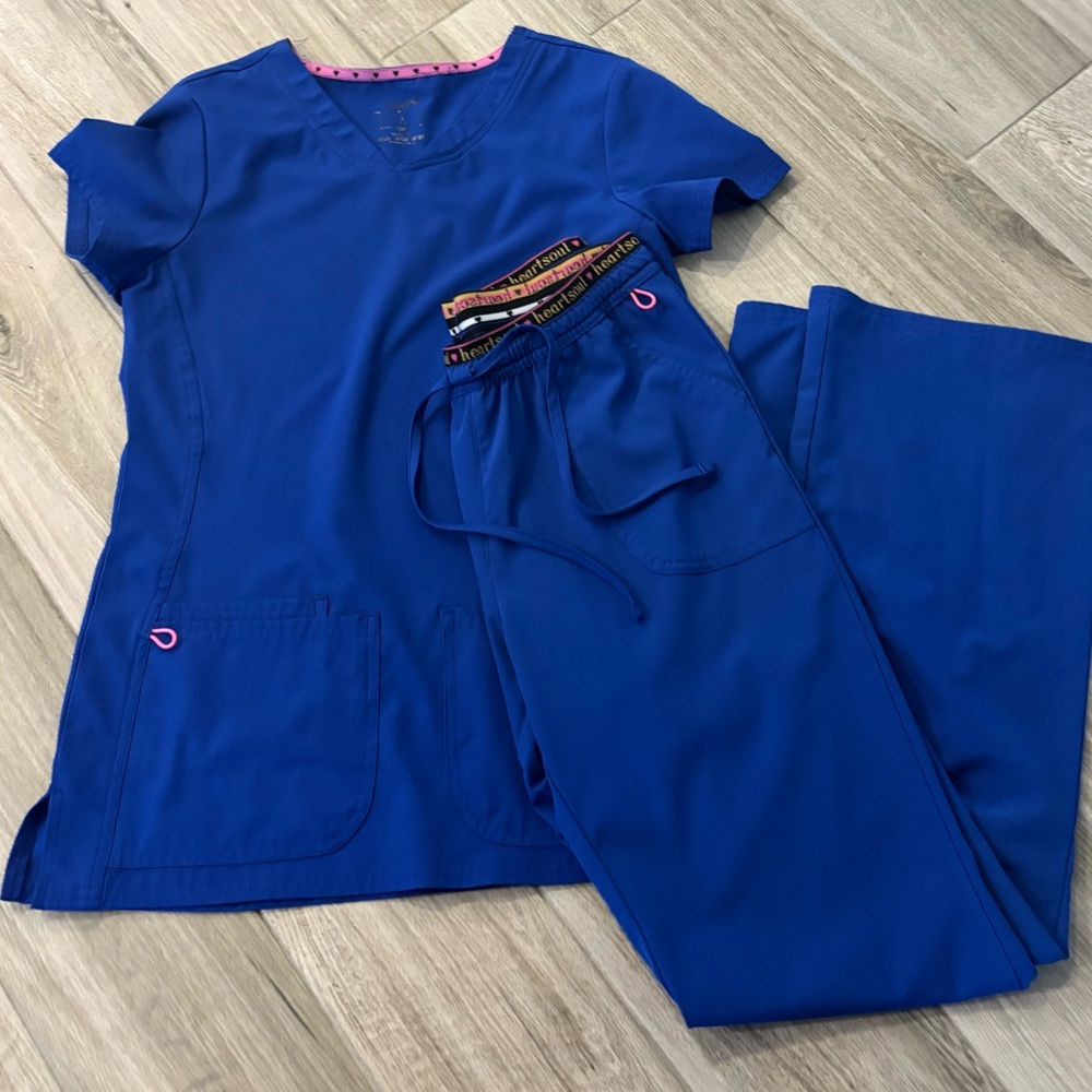 HeartSoul Royal Blue Scrub Top & Pants Set with Pink Trim